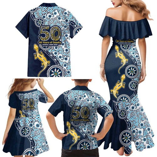 Gold Coast Titans NAIDOC Week 2026 Family Matching Mermaid Dress and Hawaiian Shirt Aboriginal Lizard Dot Painting - 50 Years of Deadly