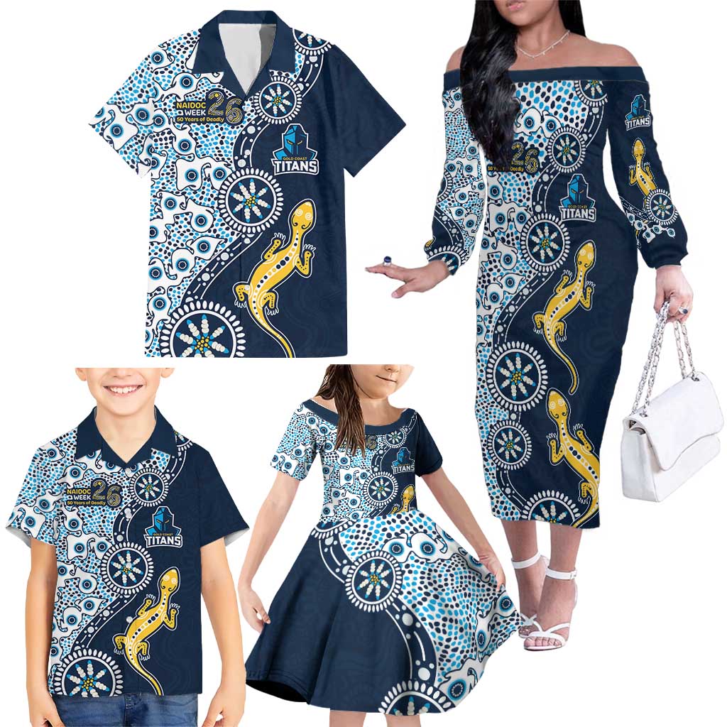 Gold Coast Titans NAIDOC Week 2026 Family Matching Off The Shoulder Long Sleeve Dress and Hawaiian Shirt Aboriginal Lizard Dot Painting - 50 Years of Deadly