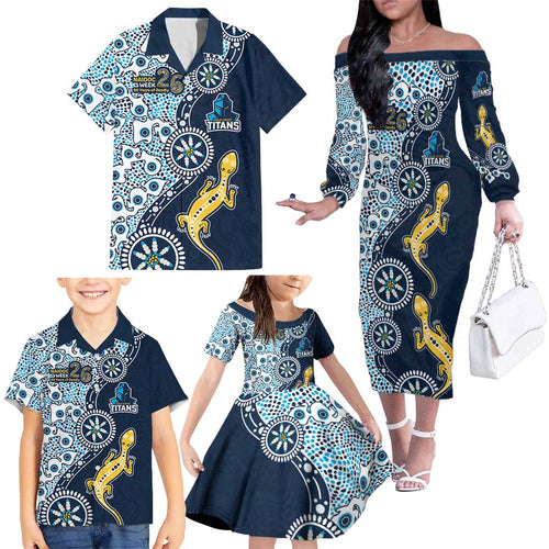 Gold Coast Titans NAIDOC Week 2026 Family Matching Off The Shoulder Long Sleeve Dress and Hawaiian Shirt Aboriginal Lizard Dot Painting - 50 Years of Deadly