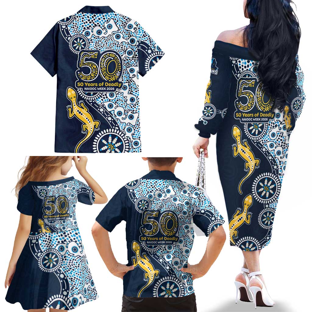 Gold Coast Titans NAIDOC Week 2026 Family Matching Off The Shoulder Long Sleeve Dress and Hawaiian Shirt Aboriginal Lizard Dot Painting - 50 Years of Deadly