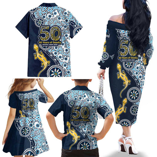 Gold Coast Titans NAIDOC Week 2026 Family Matching Off The Shoulder Long Sleeve Dress and Hawaiian Shirt Aboriginal Lizard Dot Painting - 50 Years of Deadly