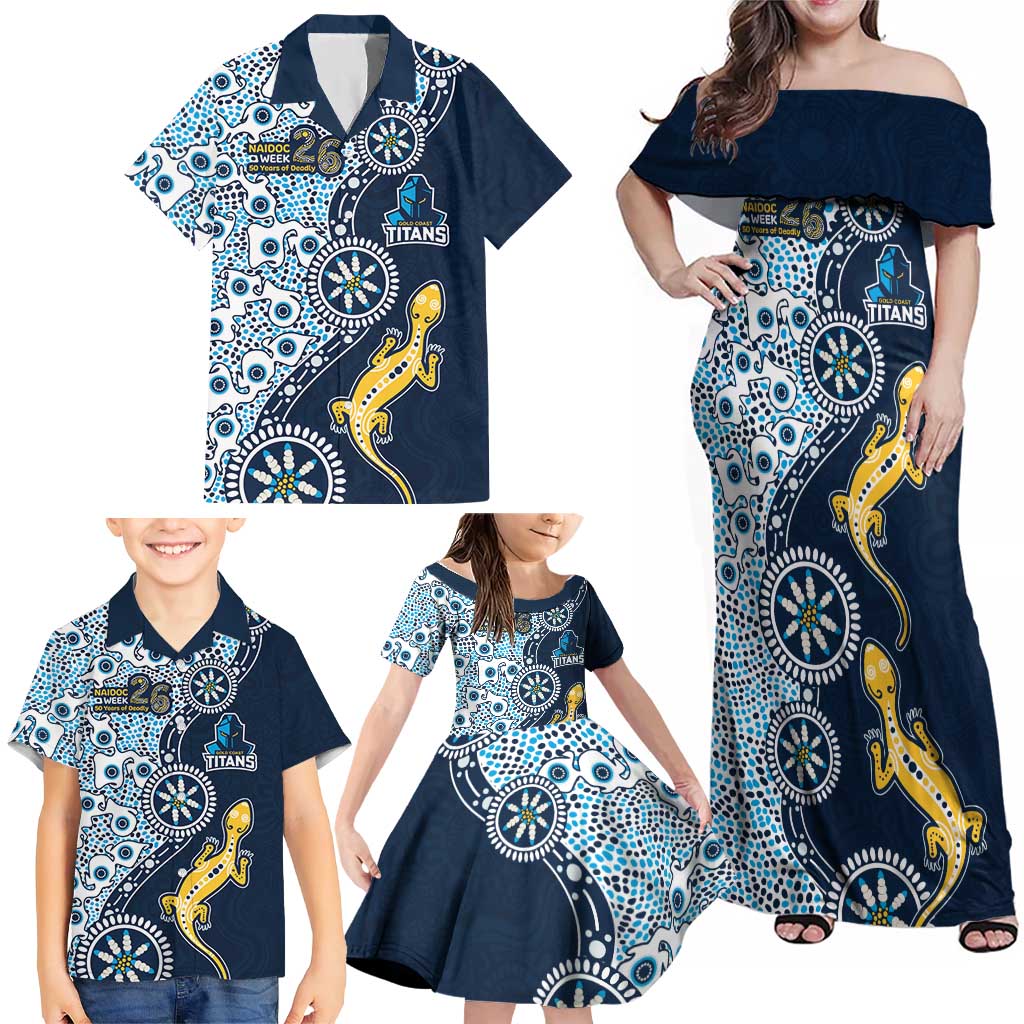 Gold Coast Titans NAIDOC Week 2026 Family Matching Off Shoulder Maxi Dress and Hawaiian Shirt Aboriginal Lizard Dot Painting - 50 Years of Deadly