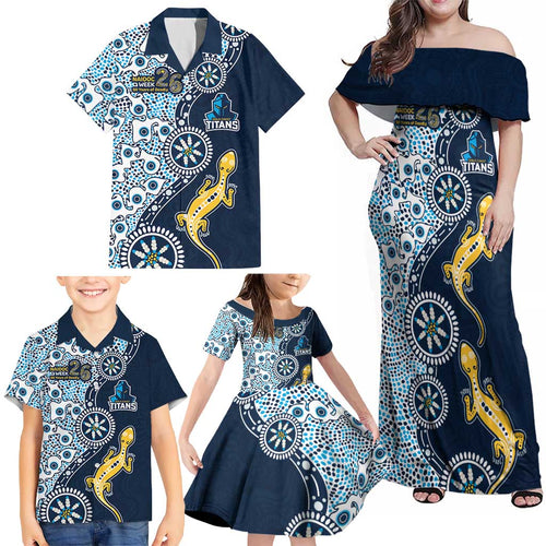 Gold Coast Titans NAIDOC Week 2026 Family Matching Off Shoulder Maxi Dress and Hawaiian Shirt Aboriginal Lizard Dot Painting - 50 Years of Deadly