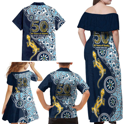 Gold Coast Titans NAIDOC Week 2026 Family Matching Off Shoulder Maxi Dress and Hawaiian Shirt Aboriginal Lizard Dot Painting - 50 Years of Deadly