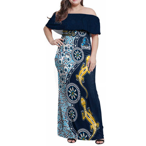 Gold Coast Titans NAIDOC Week 2026 Family Matching Off Shoulder Maxi Dress and Hawaiian Shirt Aboriginal Lizard Dot Painting - 50 Years of Deadly