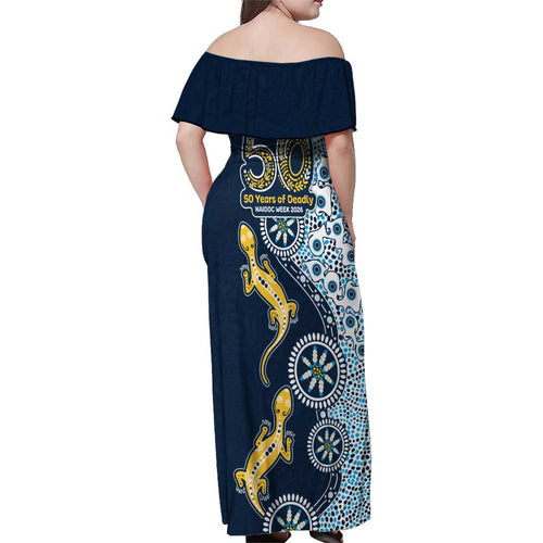 Gold Coast Titans NAIDOC Week 2026 Family Matching Off Shoulder Maxi Dress and Hawaiian Shirt Aboriginal Lizard Dot Painting - 50 Years of Deadly
