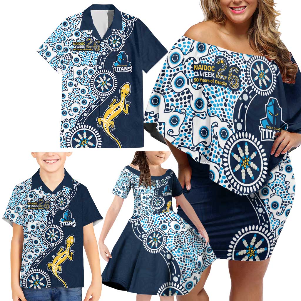 Gold Coast Titans NAIDOC Week 2026 Family Matching Off Shoulder Short Dress and Hawaiian Shirt Aboriginal Lizard Dot Painting - 50 Years of Deadly