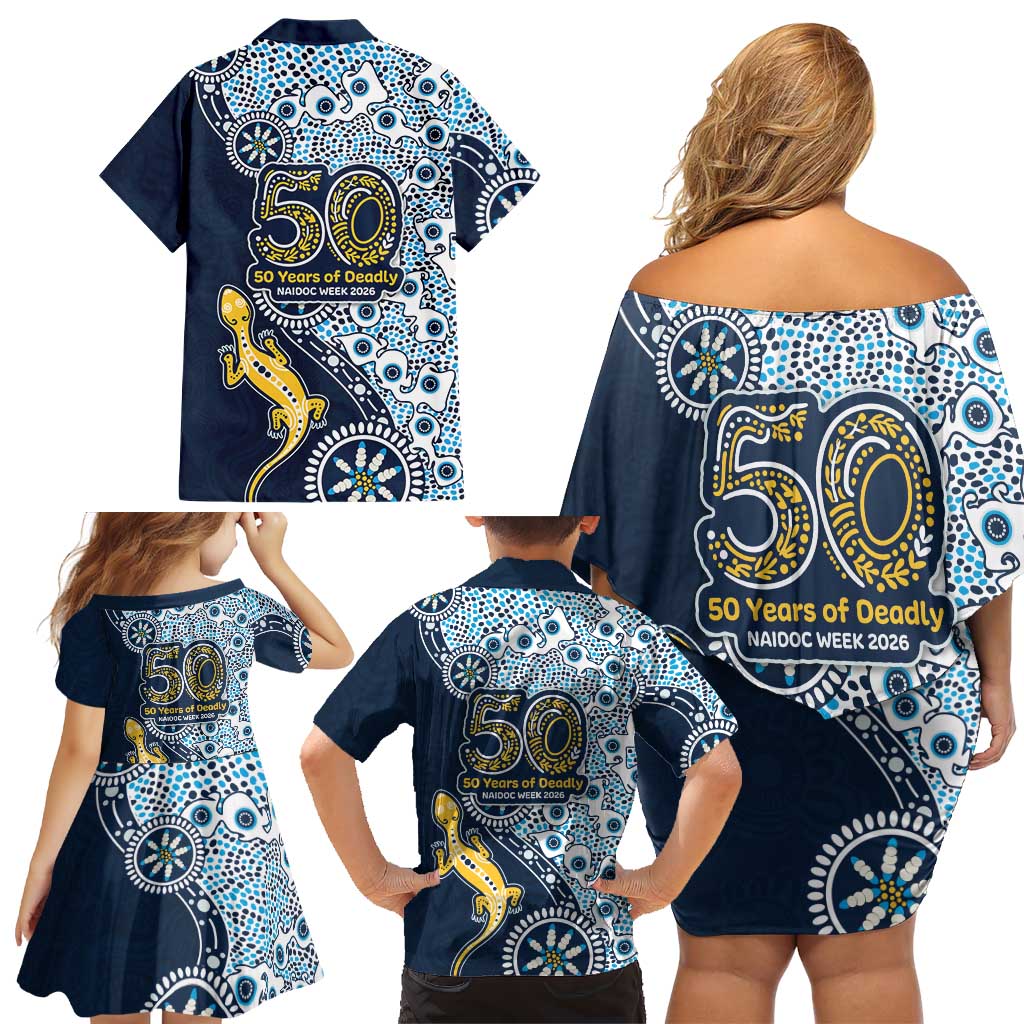 Gold Coast Titans NAIDOC Week 2026 Family Matching Off Shoulder Short Dress and Hawaiian Shirt Aboriginal Lizard Dot Painting - 50 Years of Deadly