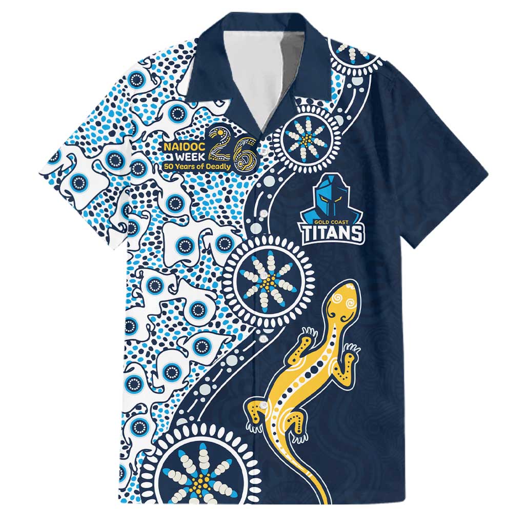 Gold Coast Titans NAIDOC Week 2026 Family Matching Off Shoulder Short Dress and Hawaiian Shirt Aboriginal Lizard Dot Painting - 50 Years of Deadly
