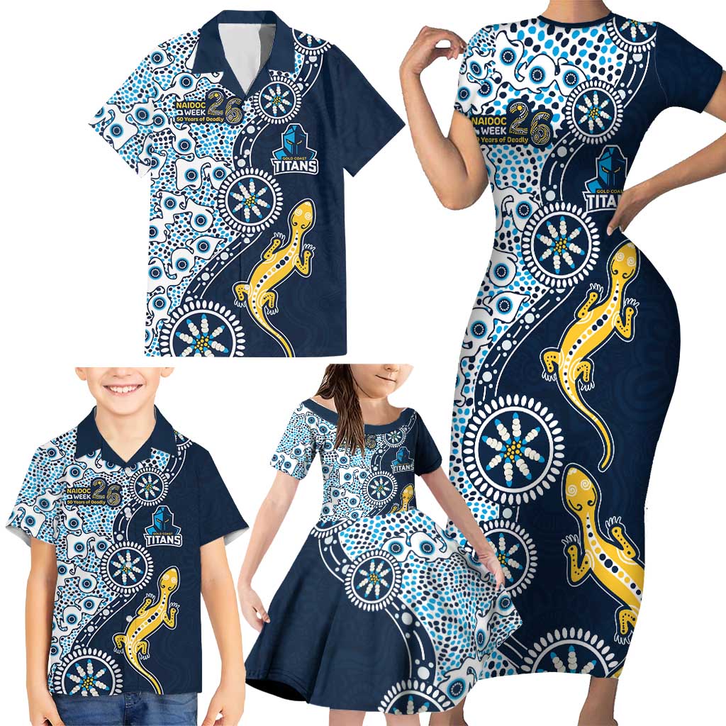 Gold Coast Titans NAIDOC Week 2026 Family Matching Short Sleeve Bodycon Dress and Hawaiian Shirt Aboriginal Lizard Dot Painting - 50 Years of Deadly
