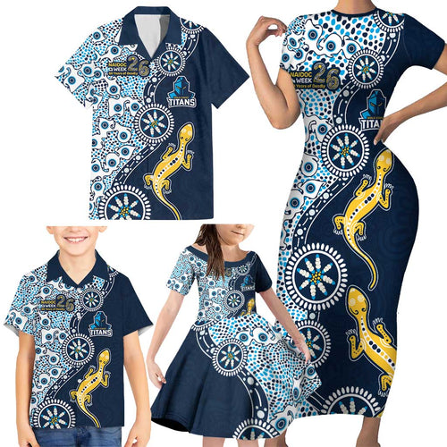 Gold Coast Titans NAIDOC Week 2026 Family Matching Short Sleeve Bodycon Dress and Hawaiian Shirt Aboriginal Lizard Dot Painting - 50 Years of Deadly