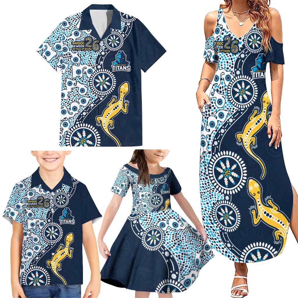 Gold Coast Titans NAIDOC Week 2026 Family Matching Summer Maxi Dress and Hawaiian Shirt Aboriginal Lizard Dot Painting - 50 Years of Deadly
