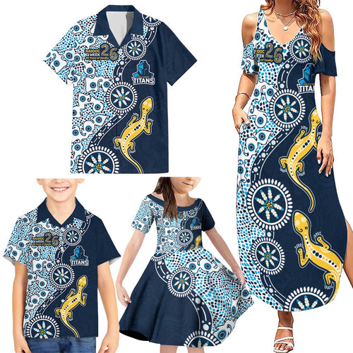 Gold Coast Titans NAIDOC Week 2026 Family Matching Summer Maxi Dress and Hawaiian Shirt Aboriginal Lizard Dot Painting - 50 Years of Deadly