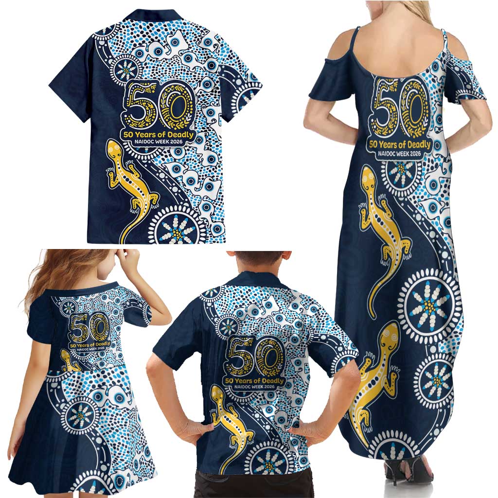 Gold Coast Titans NAIDOC Week 2026 Family Matching Summer Maxi Dress and Hawaiian Shirt Aboriginal Lizard Dot Painting - 50 Years of Deadly