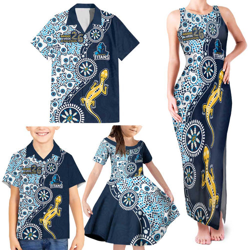 Gold Coast Titans NAIDOC Week 2026 Family Matching Tank Maxi Dress and Hawaiian Shirt Aboriginal Lizard Dot Painting - 50 Years of Deadly