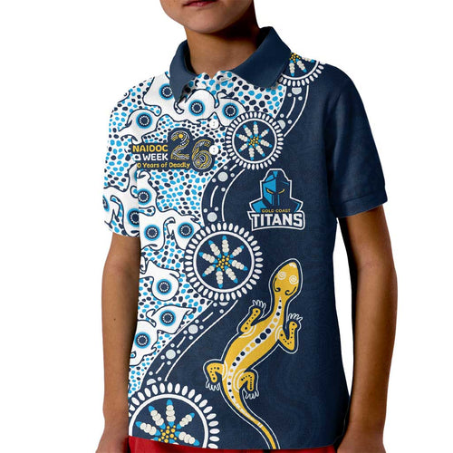 Gold Coast Titans NAIDOC Week 2026 Kid Polo Shirt Aboriginal Lizard Dot Painting - 50 Years of Deadly