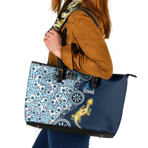 Gold Coast Titans NAIDOC Week 2026 Leather Tote Bag Aboriginal Lizard Dot Painting - 50 Years of Deadly