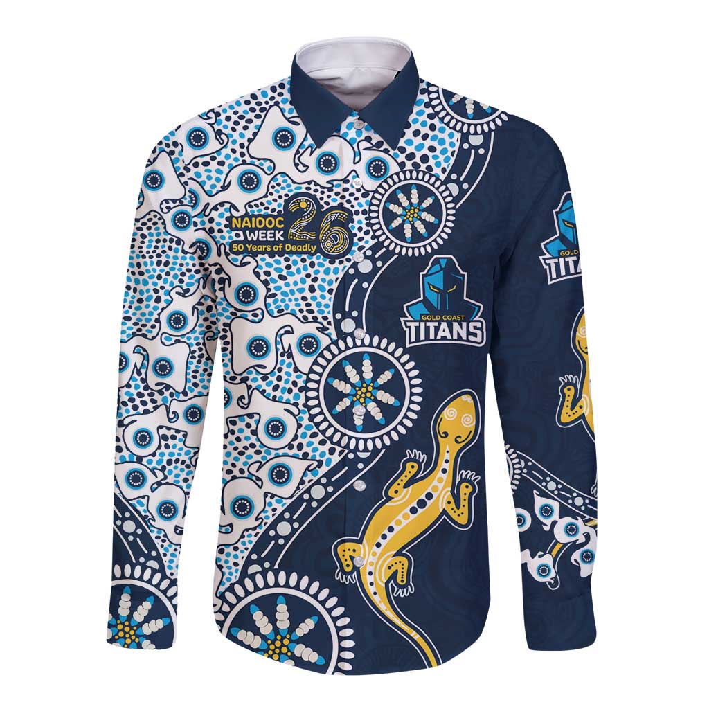 Gold Coast Titans NAIDOC Week 2026 Long Sleeve Button Shirt Aboriginal Lizard Dot Painting - 50 Years of Deadly