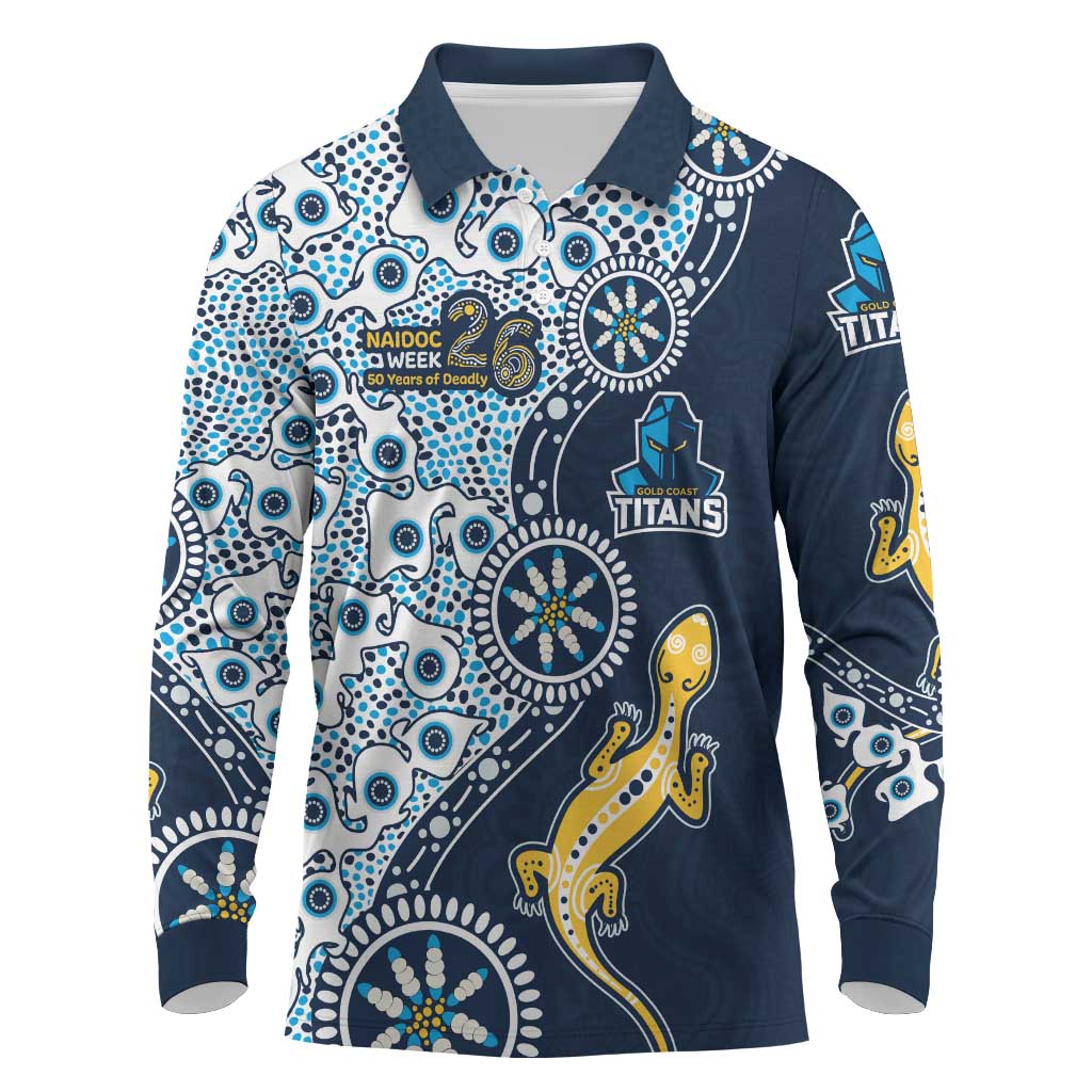 Gold Coast Titans NAIDOC Week 2026 Long Sleeve Polo Shirt Aboriginal Lizard Dot Painting - 50 Years of Deadly