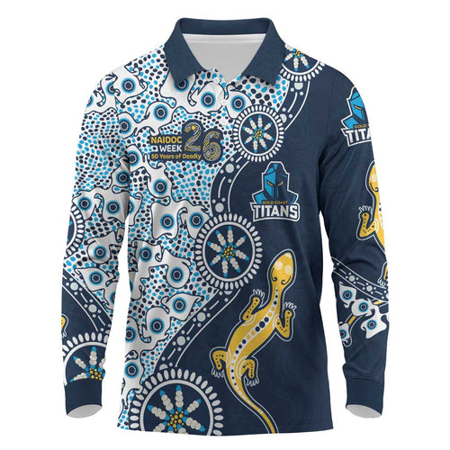 Gold Coast Titans NAIDOC Week 2026 Long Sleeve Polo Shirt Aboriginal Lizard Dot Painting - 50 Years of Deadly
