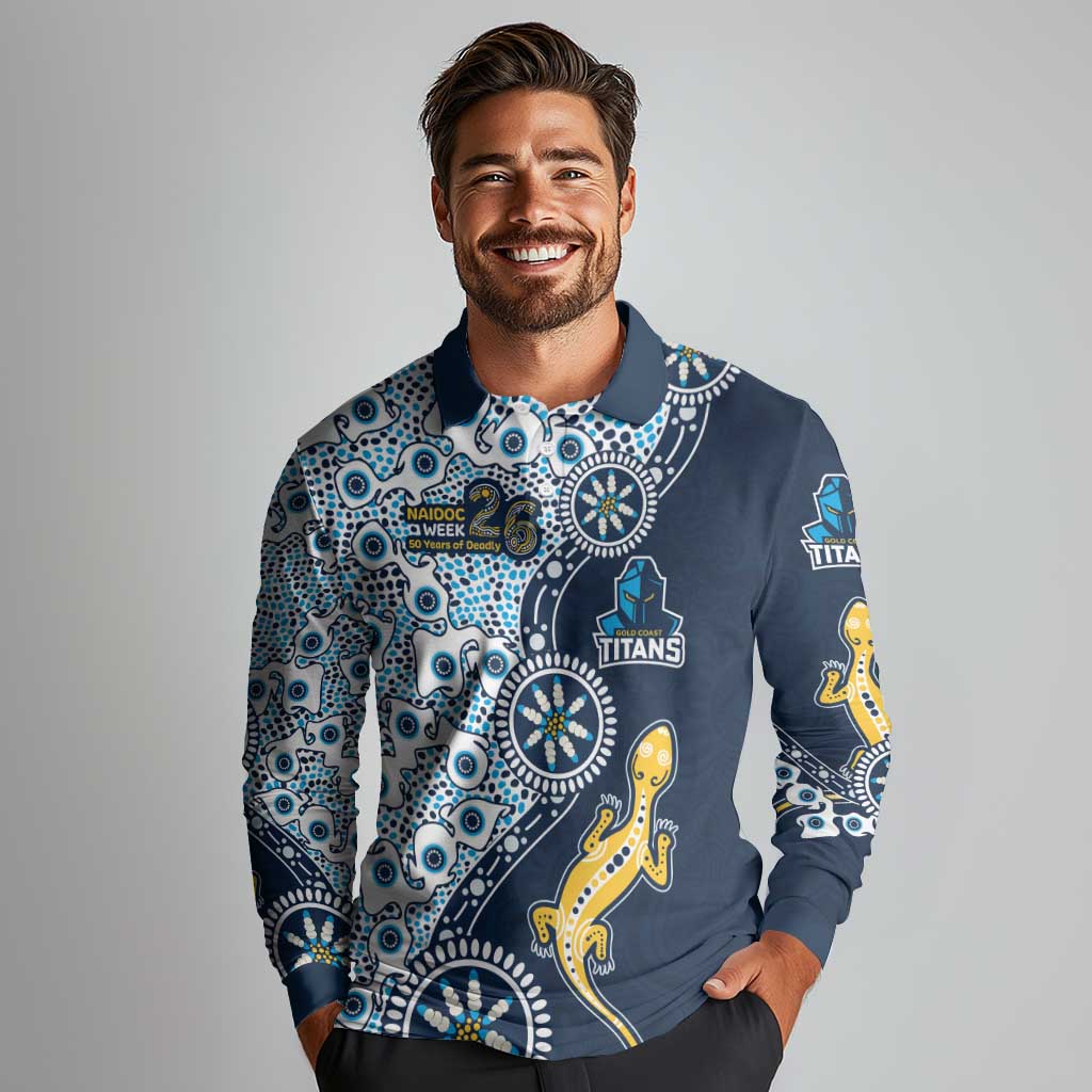 Gold Coast Titans NAIDOC Week 2026 Long Sleeve Polo Shirt Aboriginal Lizard Dot Painting - 50 Years of Deadly