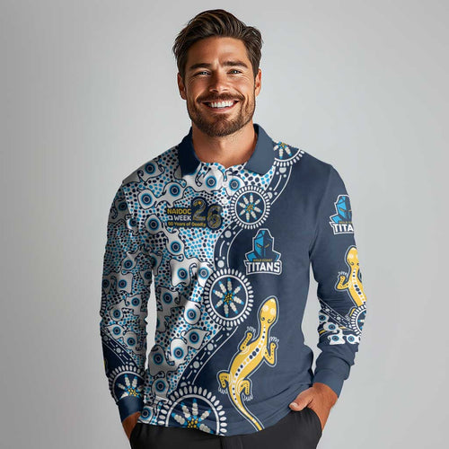 Gold Coast Titans NAIDOC Week 2026 Long Sleeve Polo Shirt Aboriginal Lizard Dot Painting - 50 Years of Deadly