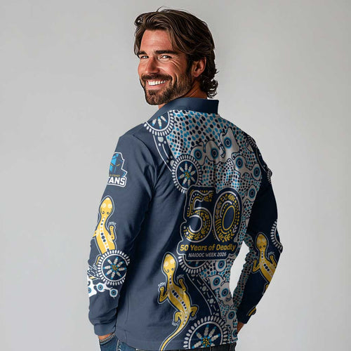 Gold Coast Titans NAIDOC Week 2026 Long Sleeve Polo Shirt Aboriginal Lizard Dot Painting - 50 Years of Deadly