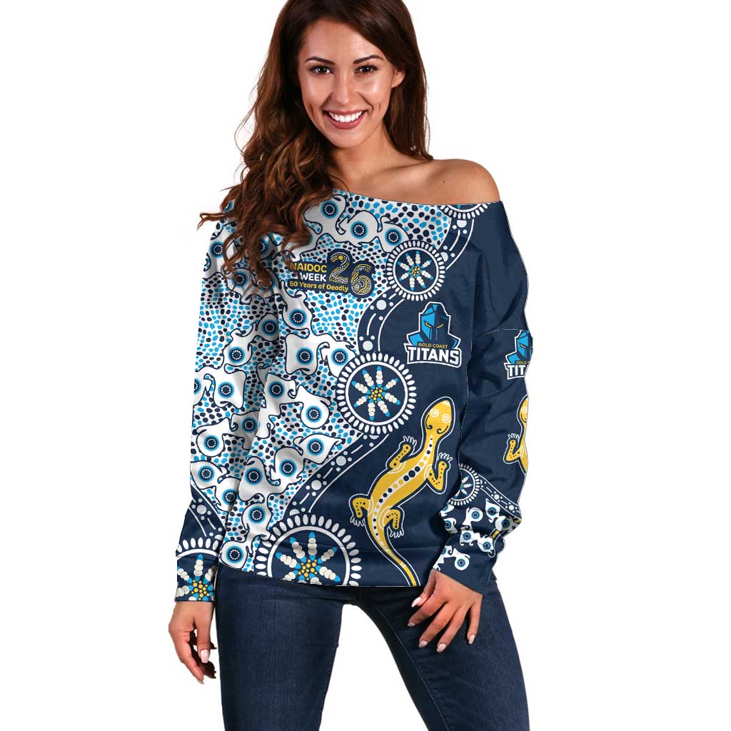 Gold Coast Titans NAIDOC Week 2026 Off Shoulder Sweater Aboriginal Lizard Dot Painting - 50 Years of Deadly