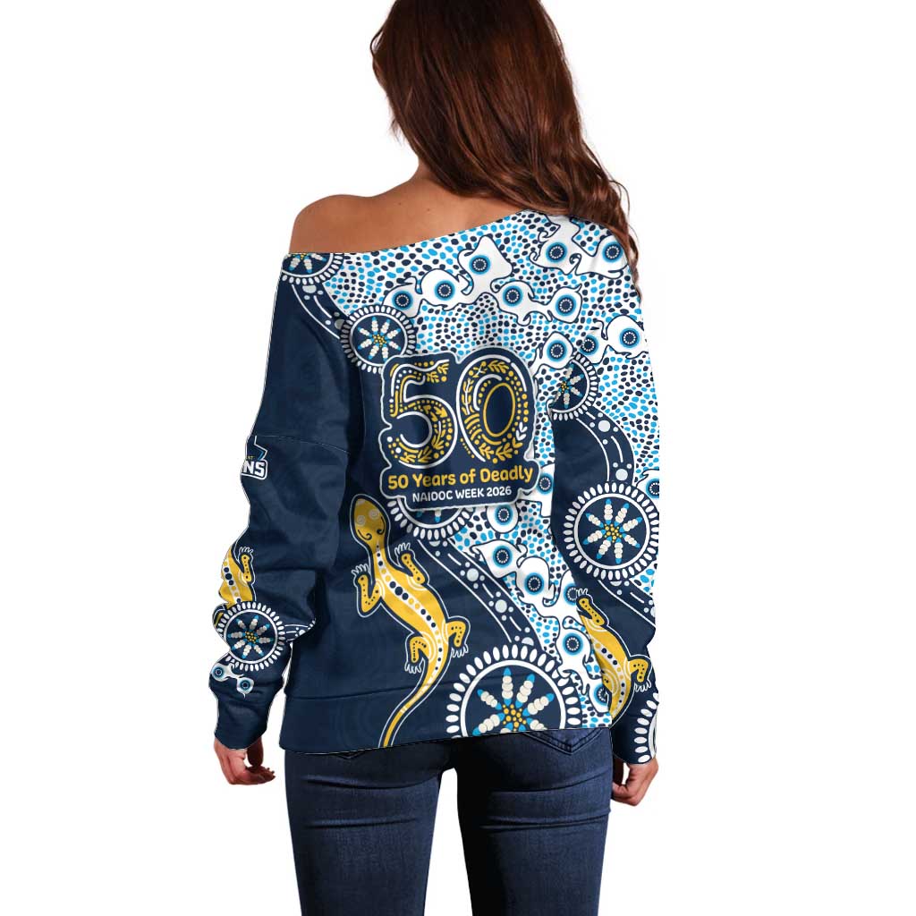 Gold Coast Titans NAIDOC Week 2026 Off Shoulder Sweater Aboriginal Lizard Dot Painting - 50 Years of Deadly