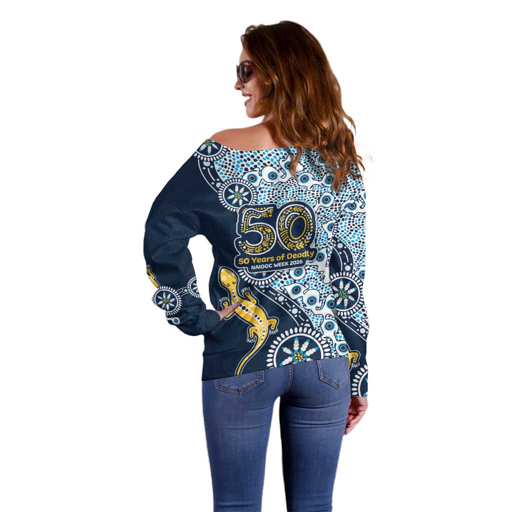 Gold Coast Titans NAIDOC Week 2026 Off Shoulder Sweater Aboriginal Lizard Dot Painting - 50 Years of Deadly