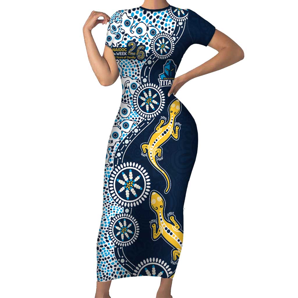 Gold Coast Titans NAIDOC Week 2026 Short Sleeve Bodycon Dress Aboriginal Lizard Dot Painting - 50 Years of Deadly