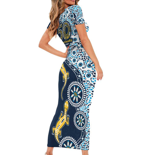 Gold Coast Titans NAIDOC Week 2026 Short Sleeve Bodycon Dress Aboriginal Lizard Dot Painting - 50 Years of Deadly