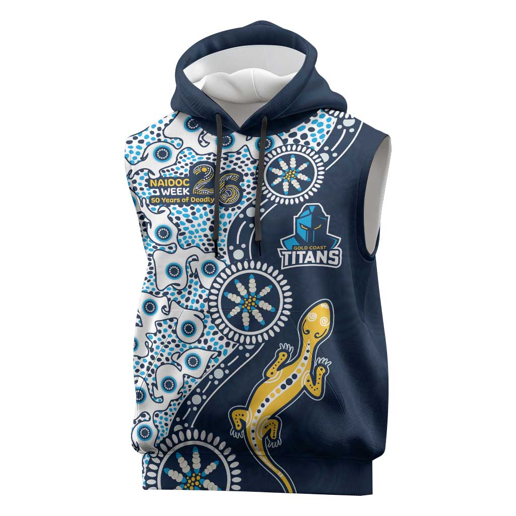 Gold Coast Titans NAIDOC Week 2026 Sleeveless Hoodie Aboriginal Lizard Dot Painting - 50 Years of Deadly