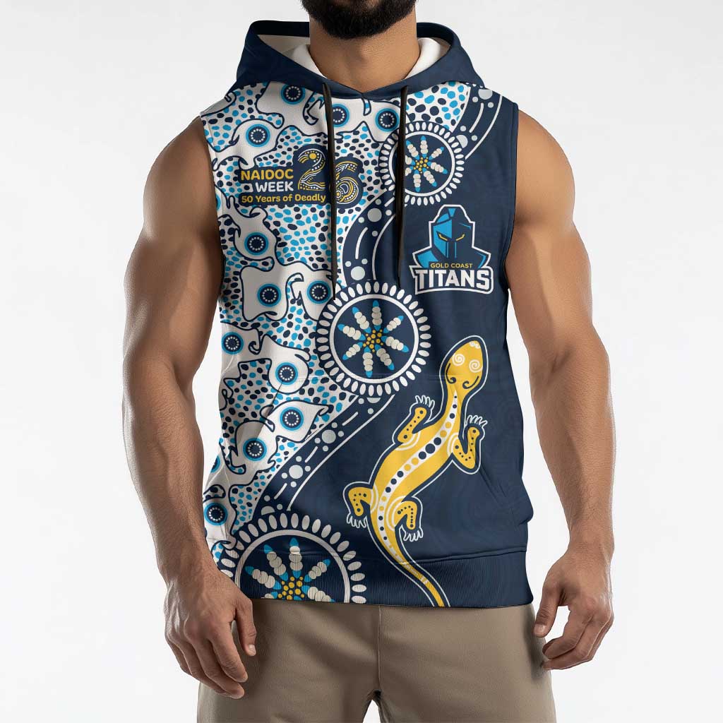 Gold Coast Titans NAIDOC Week 2026 Sleeveless Hoodie Aboriginal Lizard Dot Painting - 50 Years of Deadly