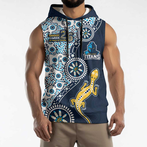 Gold Coast Titans NAIDOC Week 2026 Sleeveless Hoodie Aboriginal Lizard Dot Painting - 50 Years of Deadly