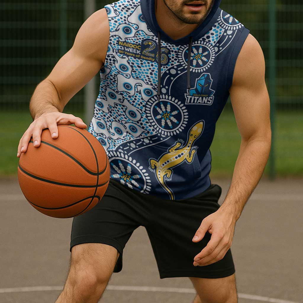Gold Coast Titans NAIDOC Week 2026 Sleeveless Hoodie Aboriginal Lizard Dot Painting - 50 Years of Deadly