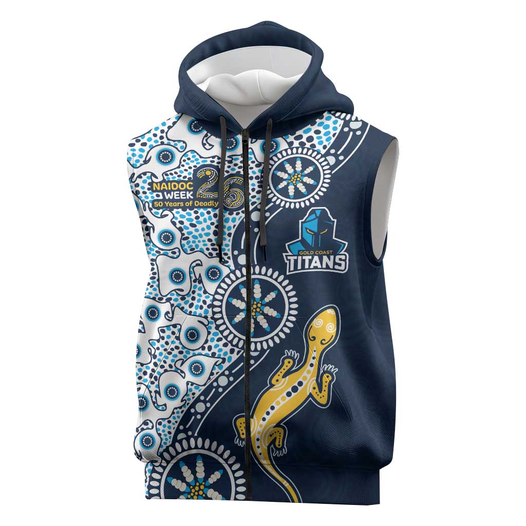 Gold Coast Titans NAIDOC Week 2026 Sleeveless Zip Hoodie Aboriginal Lizard Dot Painting - 50 Years of Deadly