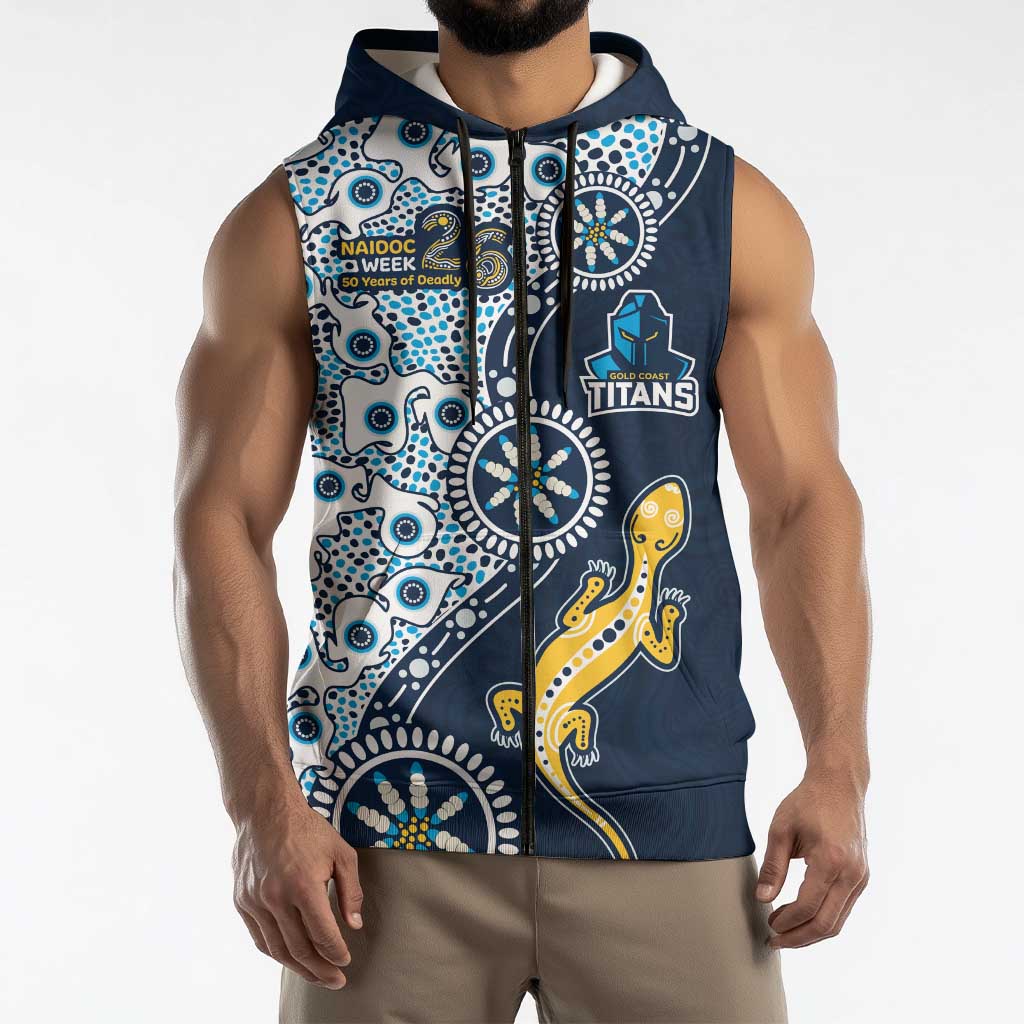 Gold Coast Titans NAIDOC Week 2026 Sleeveless Zip Hoodie Aboriginal Lizard Dot Painting - 50 Years of Deadly