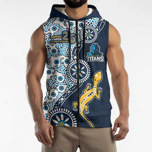 Gold Coast Titans NAIDOC Week 2026 Sleeveless Zip Hoodie Aboriginal Lizard Dot Painting - 50 Years of Deadly