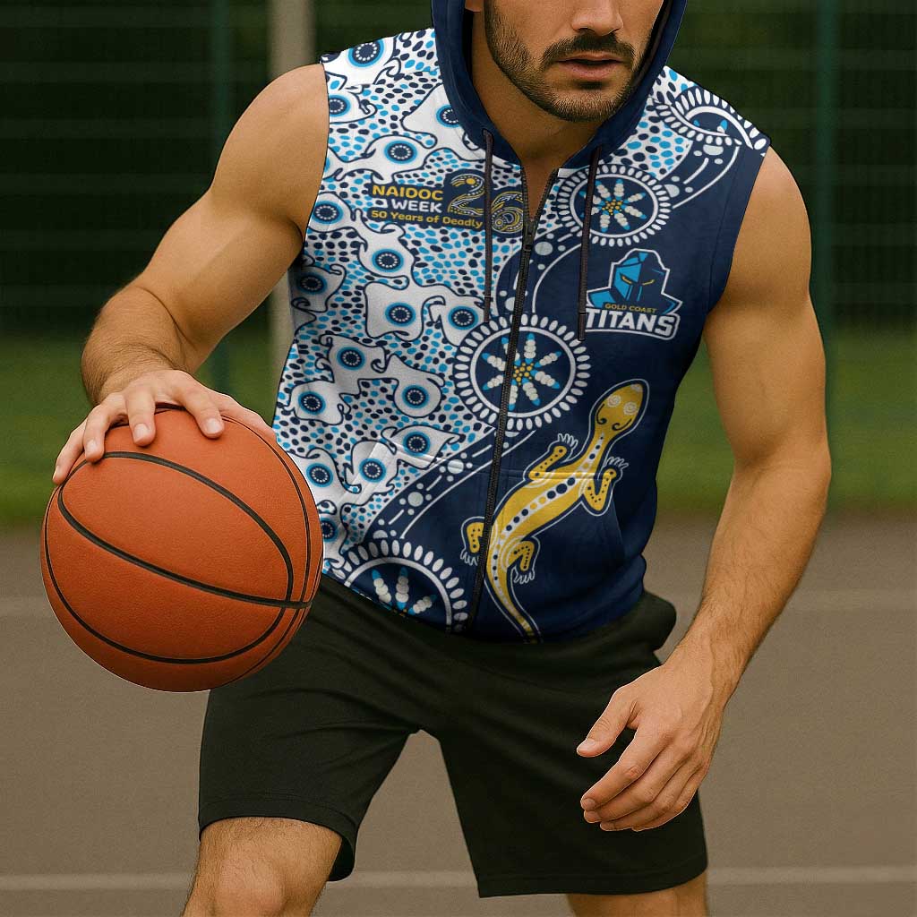 Gold Coast Titans NAIDOC Week 2026 Sleeveless Zip Hoodie Aboriginal Lizard Dot Painting - 50 Years of Deadly