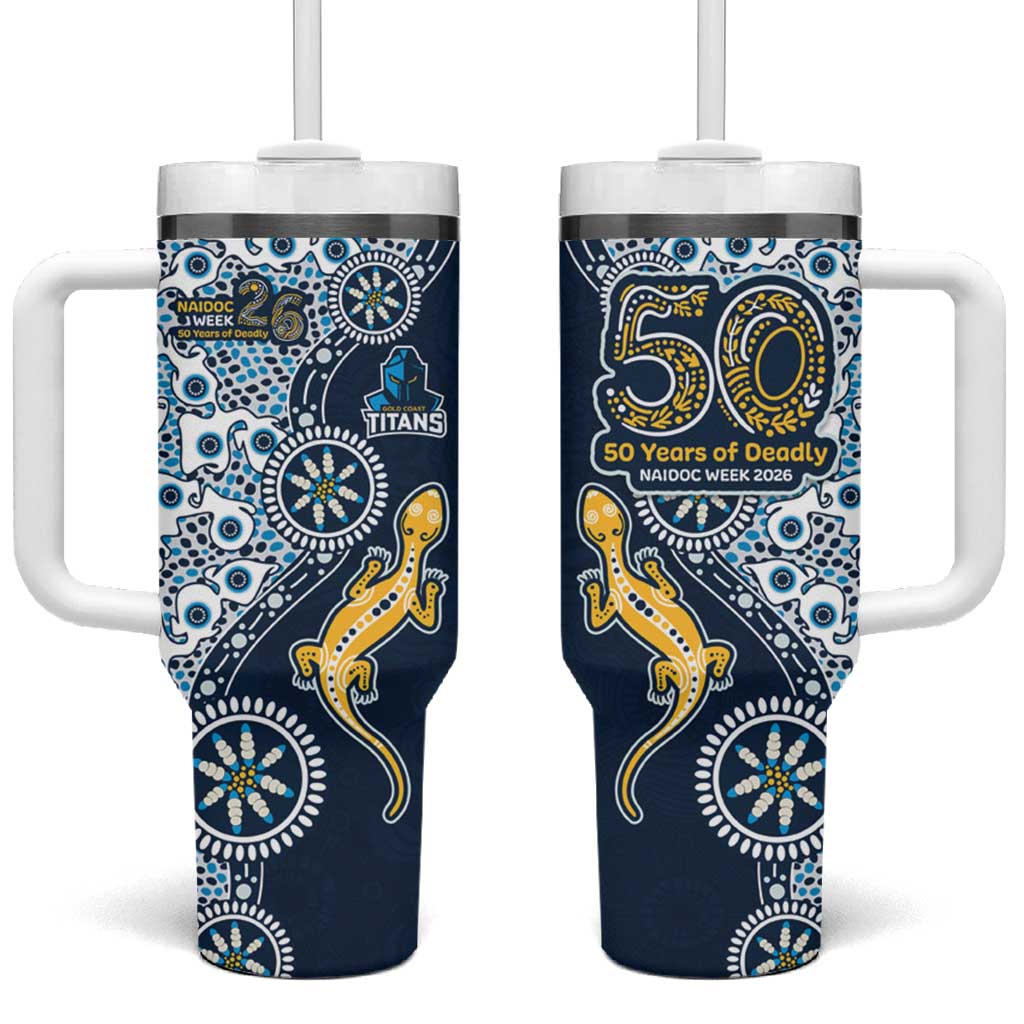 Gold Coast Titans NAIDOC Week 2026 Tumbler With Handle Aboriginal Lizard Dot Painting - 50 Years of Deadly