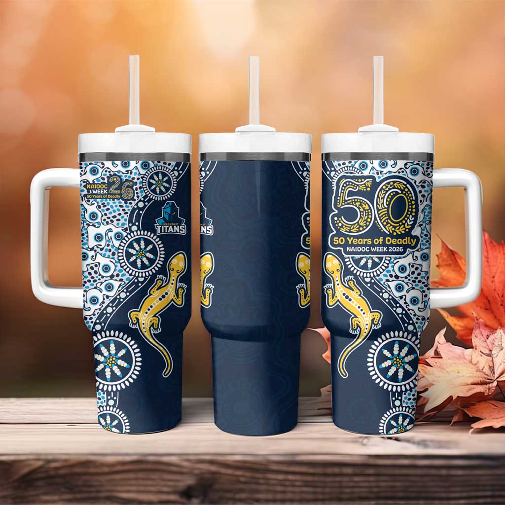 Gold Coast Titans NAIDOC Week 2026 Tumbler With Handle Aboriginal Lizard Dot Painting - 50 Years of Deadly