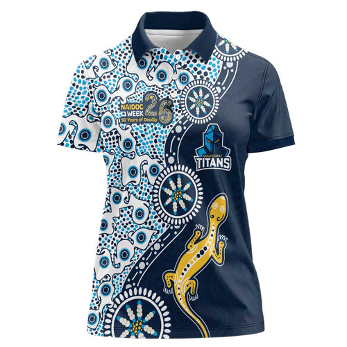 Gold Coast Titans NAIDOC Week 2026 Women Polo Shirt Aboriginal Lizard Dot Painting - 50 Years of Deadly