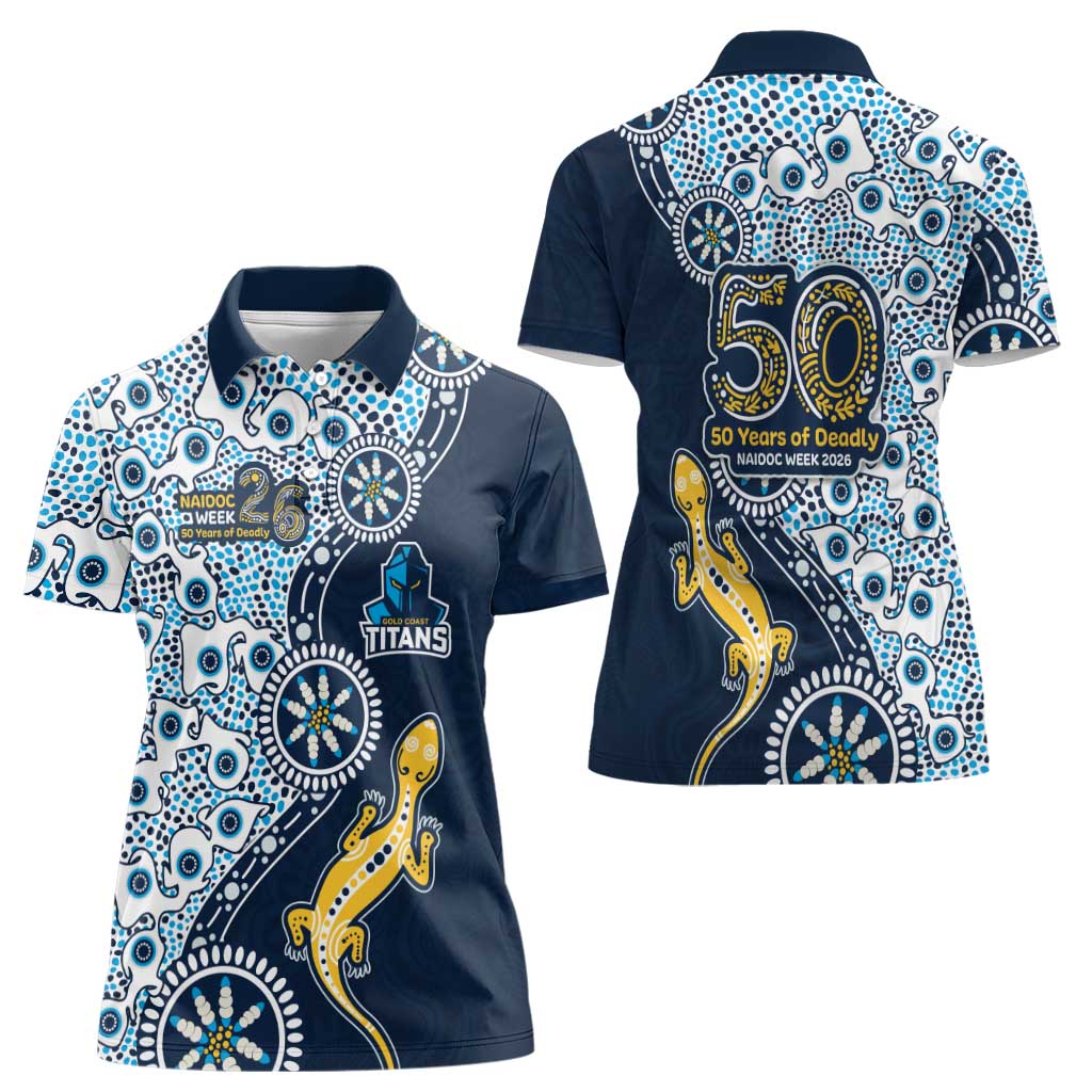 Gold Coast Titans NAIDOC Week 2026 Women Polo Shirt Aboriginal Lizard Dot Painting - 50 Years of Deadly