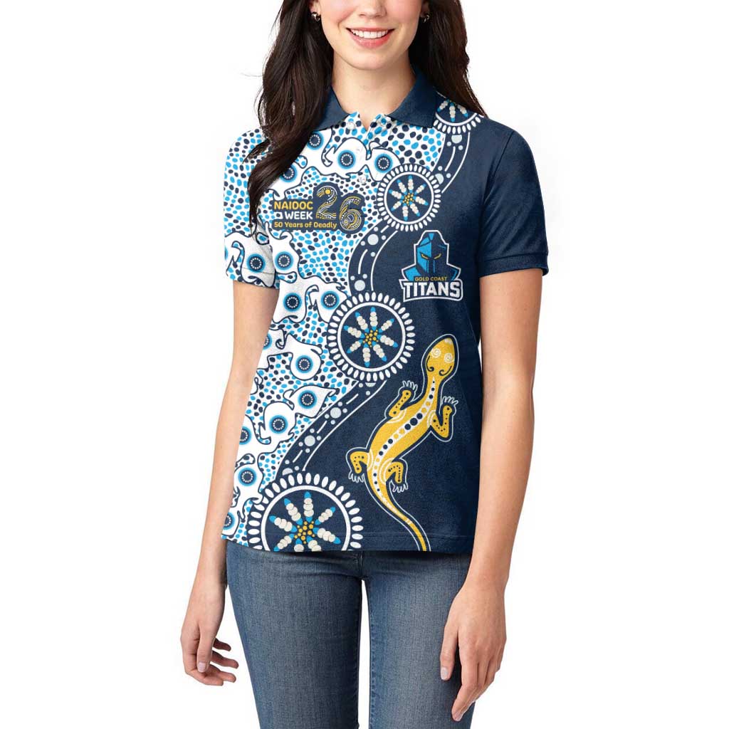 Gold Coast Titans NAIDOC Week 2026 Women Polo Shirt Aboriginal Lizard Dot Painting - 50 Years of Deadly