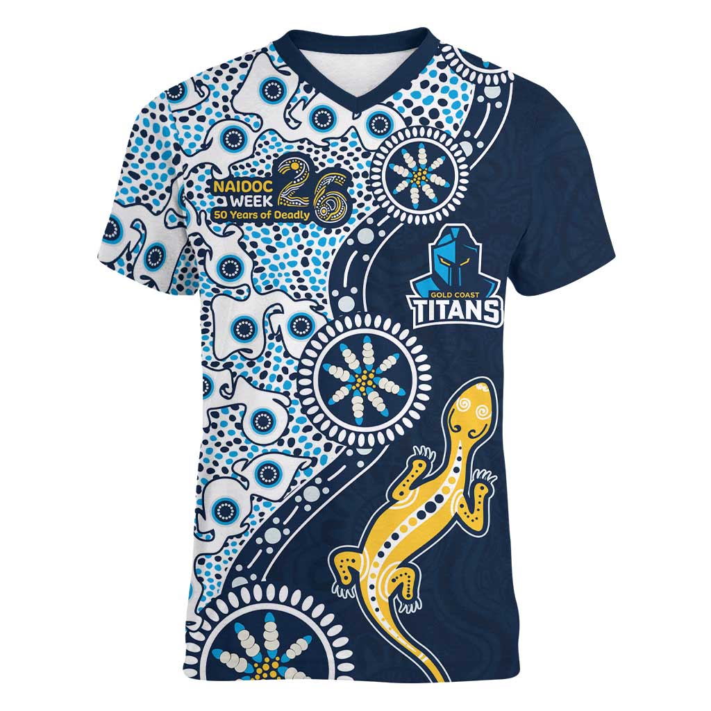 Gold Coast Titans NAIDOC Week 2026 Women V-Neck T-Shirt Aboriginal Lizard Dot Painting - 50 Years of Deadly