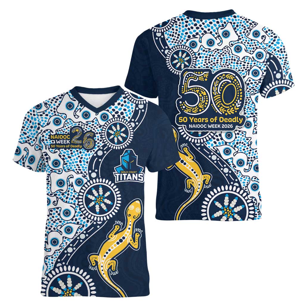 Gold Coast Titans NAIDOC Week 2026 Women V-Neck T-Shirt Aboriginal Lizard Dot Painting - 50 Years of Deadly
