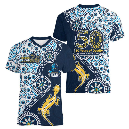 Gold Coast Titans NAIDOC Week 2026 Women V-Neck T-Shirt Aboriginal Lizard Dot Painting - 50 Years of Deadly