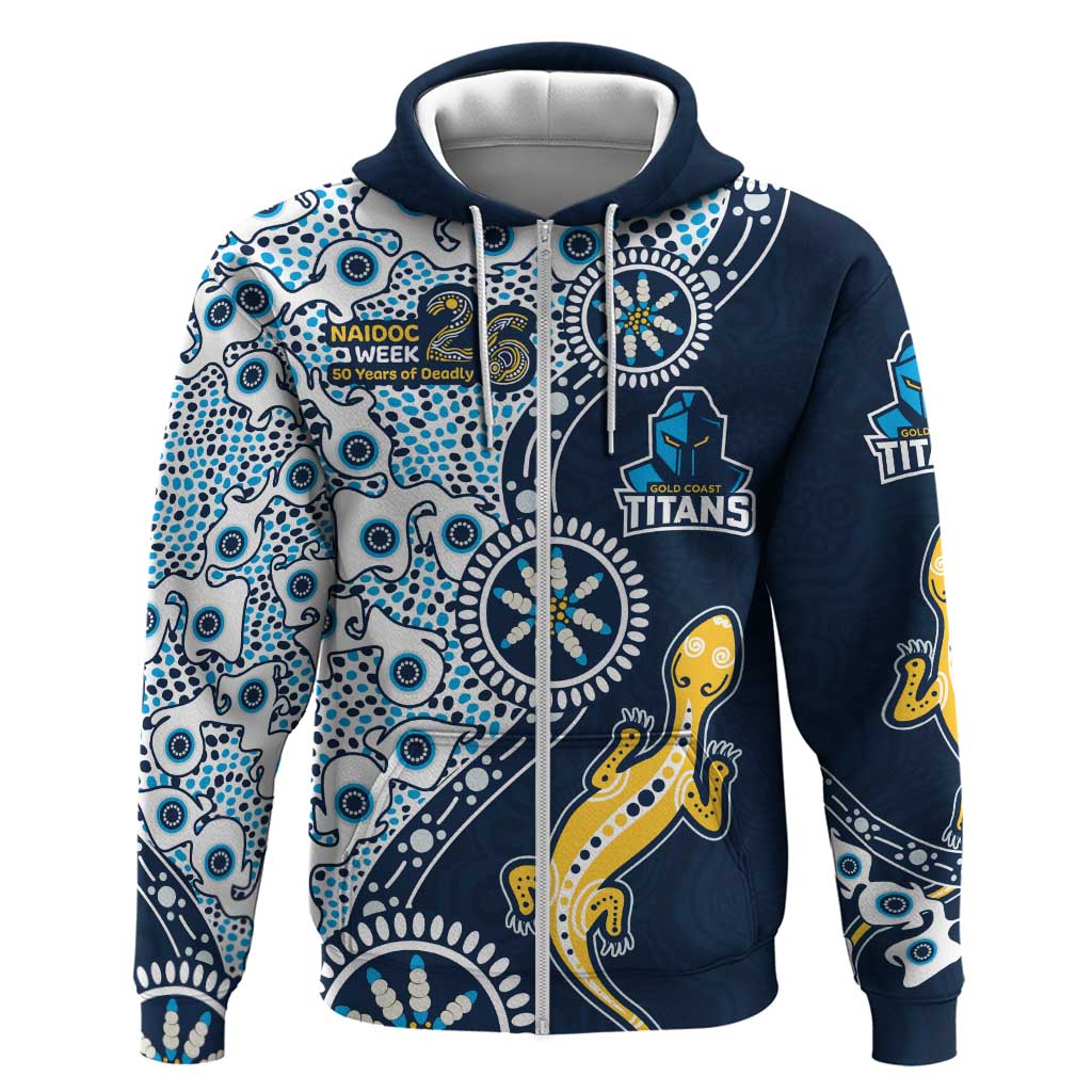 Gold Coast Titans NAIDOC Week 2026 Zip Hoodie Aboriginal Lizard Dot Painting - 50 Years of Deadly