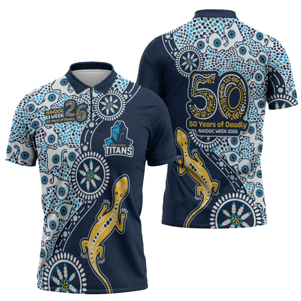 Gold Coast Titans NAIDOC Week 2026 Zipper Polo Shirt Aboriginal Lizard Dot Painting - 50 Years of Deadly
